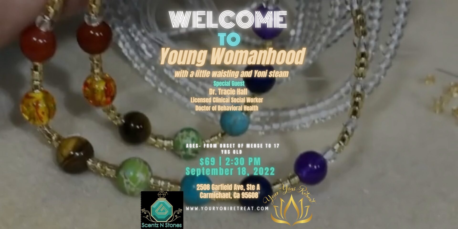 A poster with beads and a picture of the words " welcome to young womanhood ".