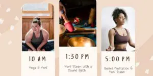 A series of three photos showing different times for yoga.
