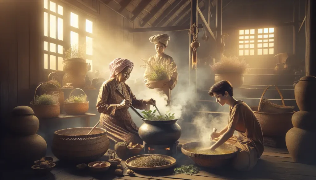 A couple of people cooking food in a kitchen.