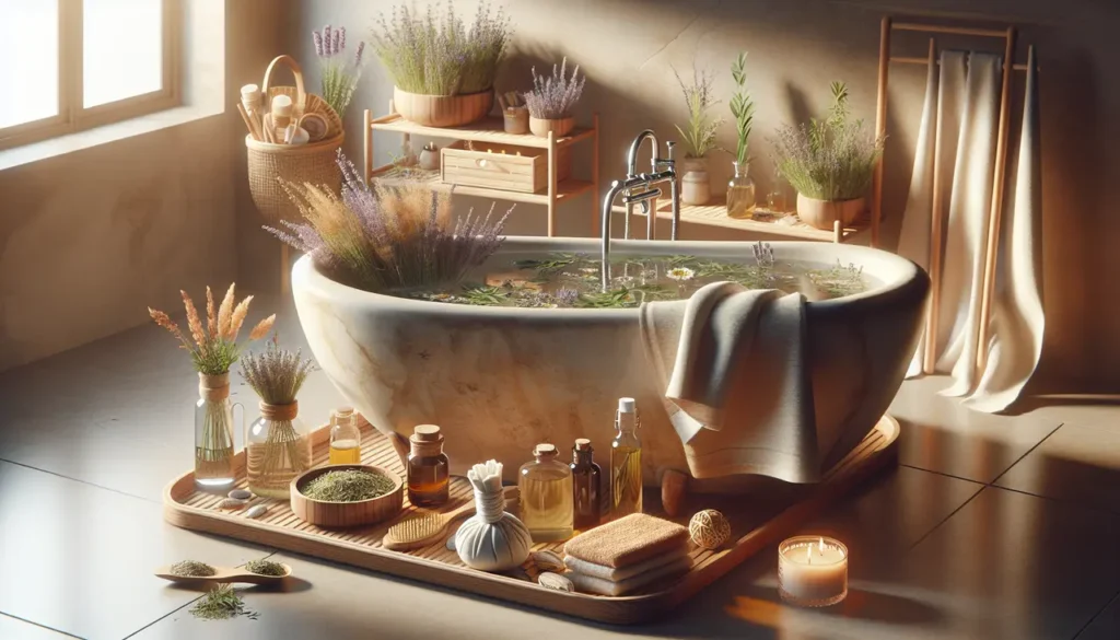 A painting of a bath tub with candles and plants.