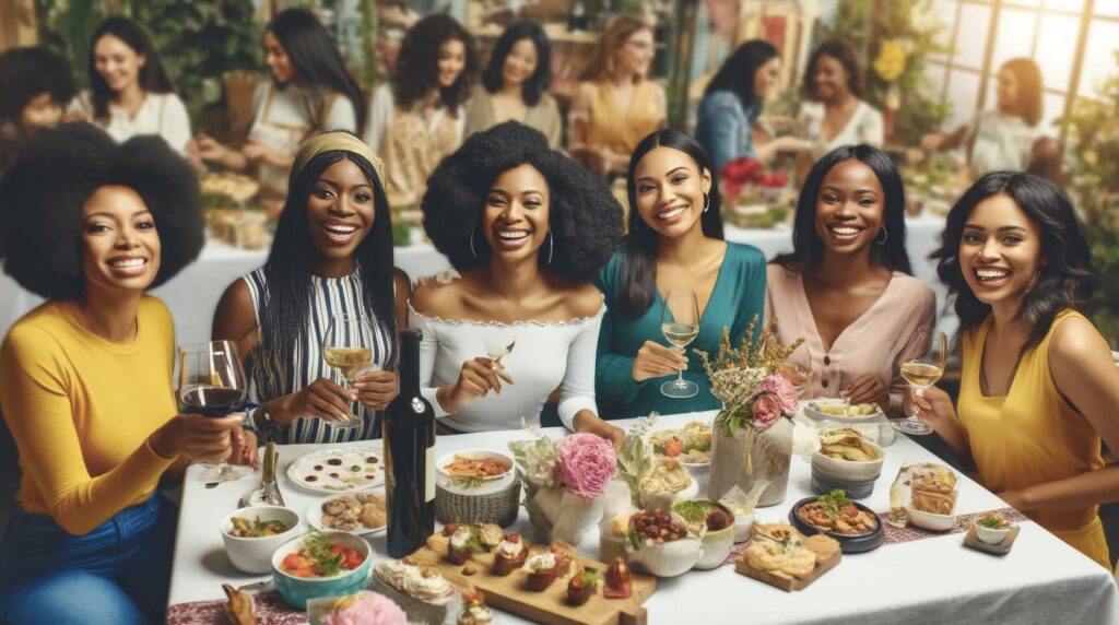 A group of women sitting at a table with food.